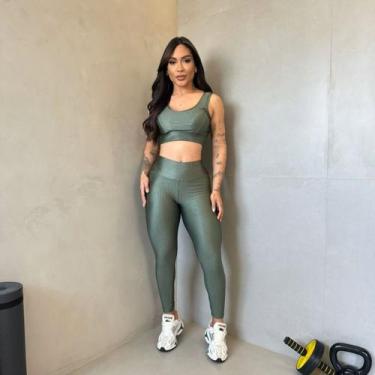 Imagem de Conjunto Feminino Academia Fitness Cirrê 3D Canelado Top com Bojo + Le