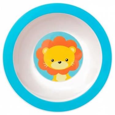 Imagem de Prato Infantil com Desenho de Leão, Tigela Funda em Plástico, Borda Azul Turquesa, Decoração Animal para Crianças