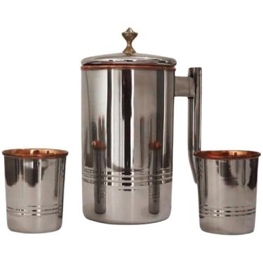 Imagem de Jarra de água de aço inoxidável e cobre puro com 2 copos (1,7 L/1,699 ml) | Forro inferior de latão e tampa de latão | Benefícios para a saúde ayurvédica | Jarro de aço de cobre feito à mão