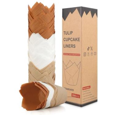 Imagem de (200 peças) Forros de cupcake de tulipa - forros de cupcake de papel pergaminho padrão, copos de cozimento de grau alimentício à prova de gordura para Natal, casamento, festa (multicolorido)