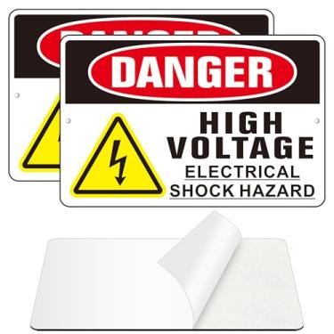 Imagem de Sinal de perigo de alta tensão, (embalagem com 2) placas autoadesivas de alumínio para uso interno e externo, sem ferrugem e adesivo refletivo (23 x 15 cm, preto/branco)