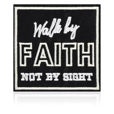 Imagem de Patch Walk by Faith Not by Sight, remendo bordado religioso preto e branco, 7,5 cm quadrado para passar a ferro ou costurar na moral para jaquetas, mochilas, chapéus, acessório inspirador do versículo