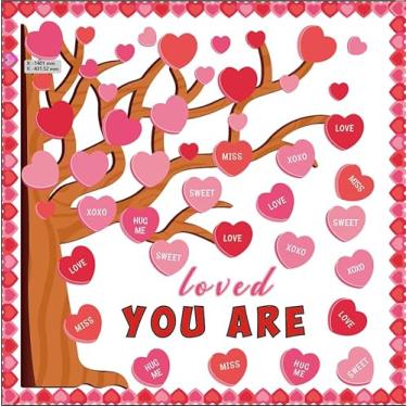 Imagem de Conjunto de quadro de avisos para o dia dos namorados, tesouras para árvore do dia dos namorados com pontos de cola, decoração de parede escolar, suprimentos de festa