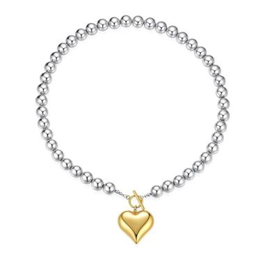 Imagem de Sonateomber Colar feminino com pingente de coração e prata dourado, com pingente de amor grosso, gargantilha, colares, formatura, dia dos namorados, moda, presente de Natal, Aço inoxidável, Sem Pedra