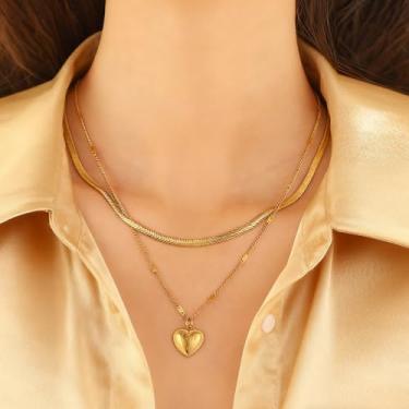 Imagem de Colar de corrente de camada dupla com pingente de coração em camadas romântico para esposa, mãe, 1 peça, 17.72inch, Aço de titânio, Sem Pedra Preciosa