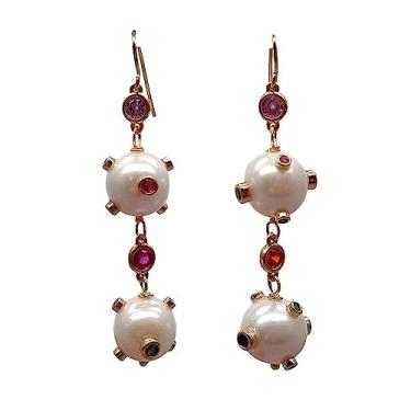 Imagem de Brincos de gancho pendentes de zircônia cúbica multicolorida de pérola redonda branca cultivada natural