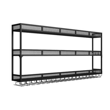 Imagem de Rack de vinho montado na parede, rack de vinho multifuncional de 3 níveis com luz LED, suporte de garrafa de bar flutuante com suporte de copo de vinho invertido, para casa, restaurante, bar, café