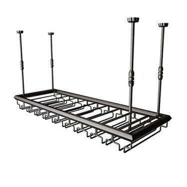 Imagem de Rack de vinho suspenso no teto altura ajustável, garrafa de vinho flutuante estável de metal e suporte de vidro, balcão de bar suporte de taça flutuante para armazenamento, preto (tamanho: 100 × 30 cm