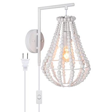Imagem de ANKARL Arandelas de parede Boho, Luzes de parede de madeira para quarto, Lâmpada de parede com contas brancas, Arandela de parede com interruptor, Arandela de parede de fazenda para cabeceira, sala de estar