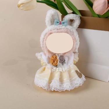 Imagem de Compatível com bonecas de pelúcia Labubu de 15 a 17 cm (sem boneca) - Faixa de cabeça de coelho branca e conjunto de vestido de renda amarela, acessórios de roupa de boneca