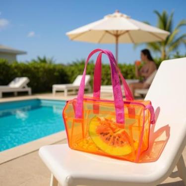 Imagem de Bolsa Transparente PVC para Piscina Natação Balé Academia Escola – Resistente e Impermeável (Laranja com Pink)