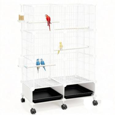 Imagem de Gaiola de pássaro grande, gaiola de periquito com suporte removível e rodas, gaiola de arakeet para pássaros com bandeja deslizante para pássaros, poleiros de madeira, suporte de rolos, gaiola de