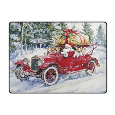 Imagem de Blueangle Tapetes de Natal laváveis de 10 x 13 cm para sala de estar - Tapete ultramacio antiderrapante resistente a manchas com estampa de carro vermelho vintage, decoração de férias para quarto e
