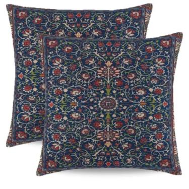 Imagem de Wsunsal Capas de almofada vintage azul marinho floral 55 x 55 cm conjunto de 2 fronhas decorativas de estampa de tapete étnico boho quadrado linho vermelho arte decoração capa de almofada para casa