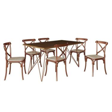 Imagem de Mesa De Jantar Industrial Com 6 Cadeiras Cobre Premium Cobre E Amêndoa 150 Cm - Marrom