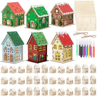 Imagem de Kathfly 48 conjuntos de vila de Natal faça você mesmo com 36 casas de gengibre, 12 canetas de aquarela, casas de aldeia de madeira inacabadas, enfeites de árvore de Natal para decoração de festa de