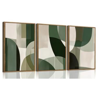 Imagem de KISSFOX Arte de parede emoldurada de 3 peças, decoração de parede abstrata, preto, branco, verde, imagens modernas, minimalistas, pinturas contemporâneas, grandes obras de arte para sala de estar