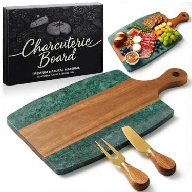 Imagem de Ziliny Conjunto de tábua de charcutaria de madeira de mármore e acácia, conjunto de presente de prato de madeira e mármore, tábua de corte para queijo, frutas, presente para casamentos, inaugurações