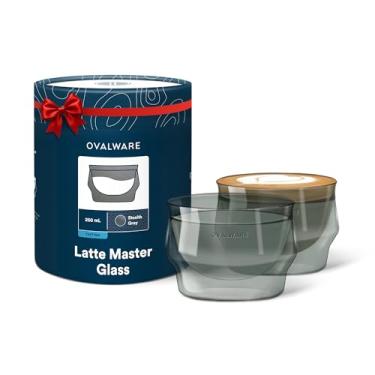 Imagem de ovalware Conjunto de 2 copos de latte de parede dupla de 250 ml, copos de latte para bebidas frias e quentes, copos do tamanho da palma da mão com borda larga para designs artísticos - cinza furtivo
