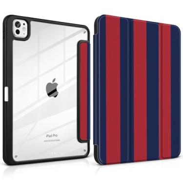 Imagem de Loyrina Capa para iPad Pro de 33.0 cm (M4) versão 2024, fina, leve, listrada, com suporte para lápis com borda de TPU transparente, suporte de três dobras, listras vermelhas e azuis