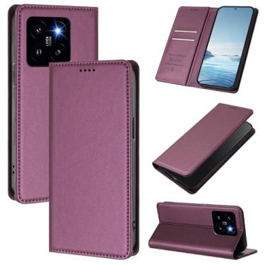 Imagem de Capa carteira fina para Xiaomi 14 Pro 5G com capa flip magnética, compartimentos para cartões e suporte, bloqueio RFID, compatível com carregamento sem fio, capa protetora à prova de choque (roxo