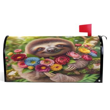 Imagem de TSENQUE Capas de caixa de correio magnéticas decorativas lindas flores preguiça outono caixa de correio envoltório vinil fazenda decoração caixa de correio exterior tamanho padrão 52,56 x 45,8 cm