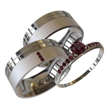 Imagem de Par de Alianças em Prata com 3 Pedras + Anel Solitário - Vieira Cruz J