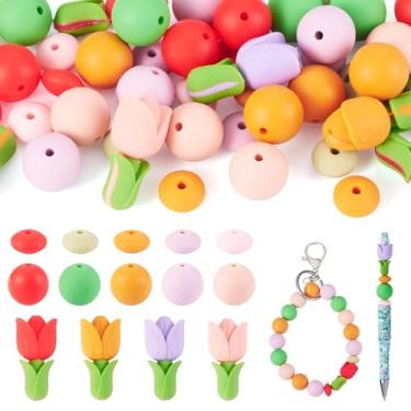 Imagem de Magibeads 48 peças de contas de silicone de flores para fabricação de chaveiros 15 mm redondo 12 mm contas focais de borracha para canetas, colar, joias, pulseira faça você mesmo, kit de fabricação de