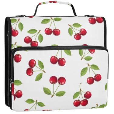 Imagem de Pastas de 3 anéis brancas cerejas vermelhas e folhas verdes, 3 anéis em D, organizador de fichário com zíper, bolsa escolar com alça de ombro, portfólio de estudantes e estojo para pasta de anel, 34,5