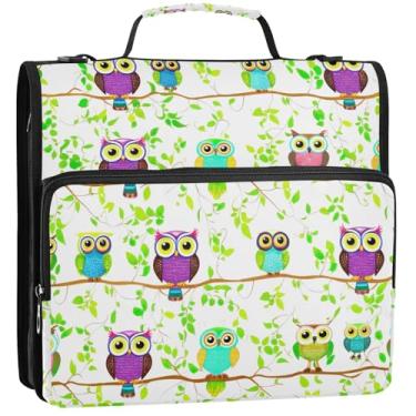 Imagem de Organizador de fichário com zíper, corujas coloridas, ramo de folhas verdes, 3 anéis, 3 anéis, bolsa divertida para fichários escolares com alça de ombro, vários bolsos, pasta grande para portfólio