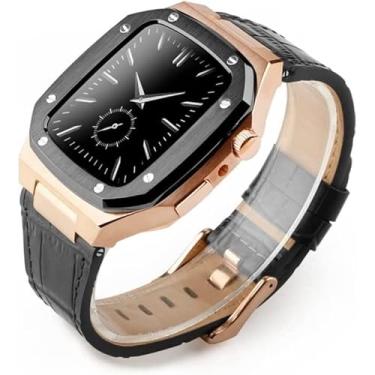 Imagem de ZEDEVB Pulseira de relógio de couro de caixa de aço inoxidável, para Apple Watch 45mm 44mm 41mm, pulseiras de substituição de capa de metal de proteção total militar masculina, para