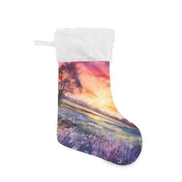 Imagem de ATTX Meias de Natal Pôr do Sol em um Campo Roxo, Suportes de Presente de Pelúcia Branca para Decorações de Festas de Férias (17,7 polegadas, 1 Pacote) #122