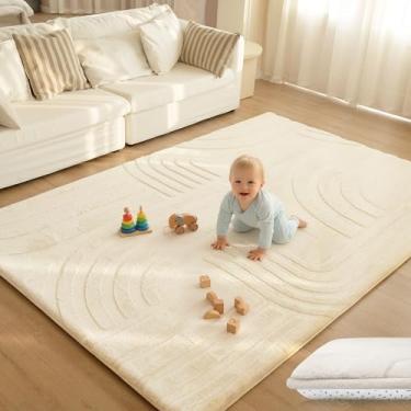 Imagem de Huloo Sleep Tapete de área de 3,3 cm de espessura para sala de estar, quarto, 1,7 m x 19,8 m com pele sintética de coelho esculpida em 3D, tapete antiderrapante fofo para berçário para sala de jogos