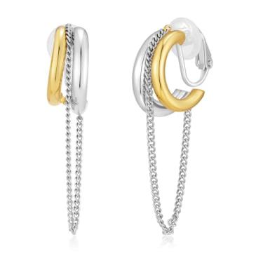 Imagem de Brincos de pressão de corrente de dois tons, brincos de pressão para mulheres, sem piercings, brincos de ouro e prata, joias modernas