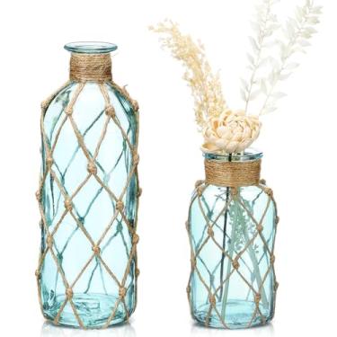 Imagem de Chuangdi Conjunto de 2 vasos de vidro costeiros para flores, pequeno vaso de flores com corda boho, garrafa decorativa de praia, para mesa náutica costeira, centro de mesa, decoração de arranjos