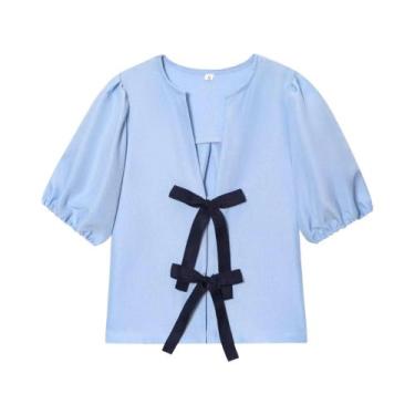 Imagem de Blusa Vintage Feminina Com Mangas Bufantes, Casual, Solta, Com Detalhe