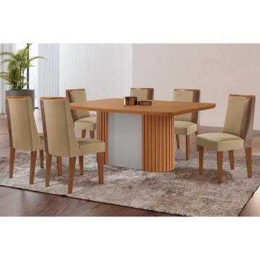 Imagem de Conjunto Sala de Jantar Pilar c/ Tampo Madeirado Canto Curvo 180x90cm e 6 Cadeiras Tilia Madeira Maciça Naturale/Off White - Capuccino/Linho Bege-Rufa