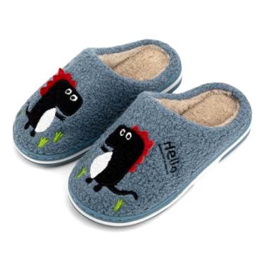 Imagem de INMINPIN Pantufas aconchegantes para meninos e meninas, quente, de pelúcia, de algodão, para crianças, dinossauro, para uso interno, antiderrapante, Azul - R, 12-12.5 Little Kid