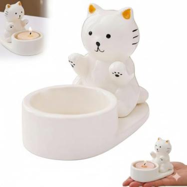 Imagem de Castiçal de gato, castiçal de cerâmica feito à mão, velas perfumadas de gatos fofos de desenhos animados, suporte de vela de gatos de desenho animado, decoração de mesa, presentes para amantes de