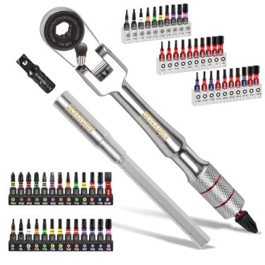 Imagem de Geinxurn Conjunto de 60 chaves catraca articuladas de 180°, catraca reversível de 72 dentes com barra de extensão, adaptador de soquete e brocas de chave de fenda de impacto de 2,5 cm (Phillips/Torx