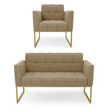Imagem de Kit 1 Sofá Namoradeira E 1 Poltrona Suede Base Metálica Industrial Dourado - D\'rossi Marrom