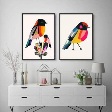 Imagem de Kit 2 Quadros Passarinhos Coloridos 33X24 Com Vidro - Preta