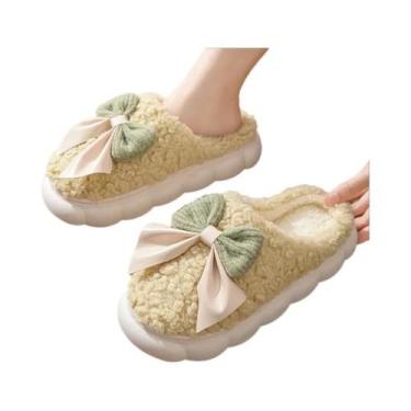 Imagem de Chinelos De Inverno Femininos Quentes Com Pelúcia, Laço Fofo, Antiderr