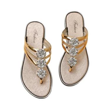 Imagem de Sandálias Planas Femininas De Tamanho Grande Com Strass, Chinelos De V