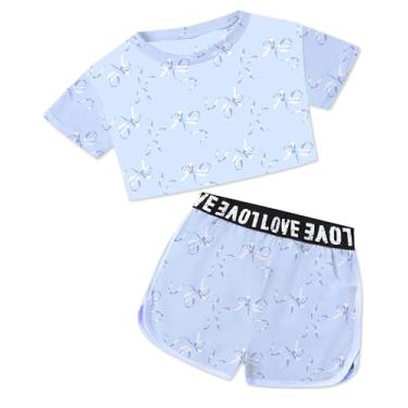 Imagem de Bestuline Conjunto de 2 peças de roupas de verão para meninas de manga curta e shorts com bolsos laterais, 4 a 14 anos, Uma gravata borboleta azul, 11-12 Anos