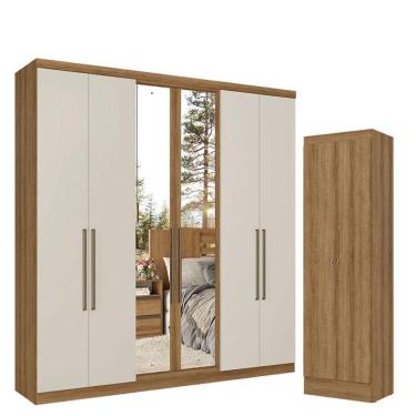 Imagem de Guarda Roupa Casal Presence Full Glass 6 Portas Almendra Off White Acetinado e Multiuso Space Almendra - THB