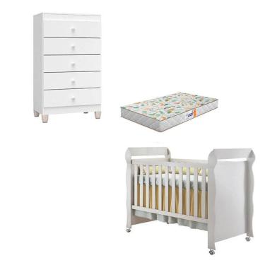 Imagem de Berço Americano Mirelle com Colchão Gazin e Cômoda Gaveteiro Ternura Baby Branco Brilho - Incorplac