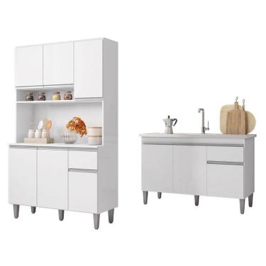Imagem de Balcão de Pia Tatiane 120 cm e Armário Cozinha Kit Márcia Branco Brilho - AJL