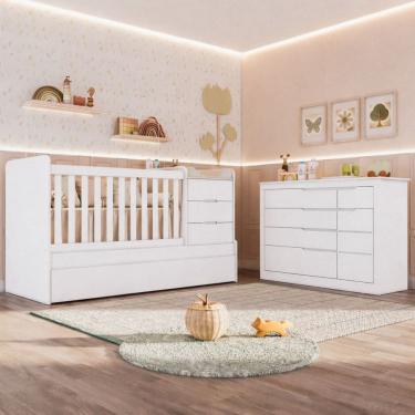 Imagem de Berço Multifuncional e Cômoda de Bebê Fraldário 1 Porta 5 Gavetas Cléo Branco