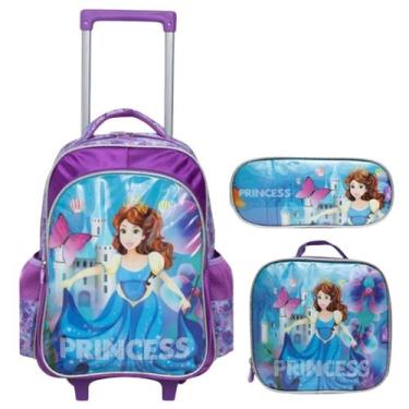 Imagem de Kit Escolar Princesa Mochila Roxa c/Rodinhas Alça de Mão e Costas + La